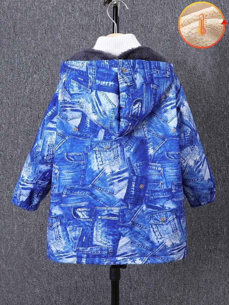 Young Boy Denim Effect Fuzzy Lined Hooded Coat Without Sweater