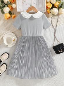 女童春夏荷叶边领3D蝴蝶结A字连衣裙，荷叶边领与3D蝴蝶结增添节日气氛；A字设计，优雅大方，适合居家休闲，让小女孩在家也能保持优雅姿态；适合各种场合，让小女孩时刻保持优雅可爱。