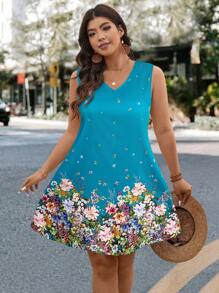SHEIN LUNE 大码女式花卉印花 V 领无袖宽松休闲连衣裙夏季春装夏装女装春季服装度假服装女士
