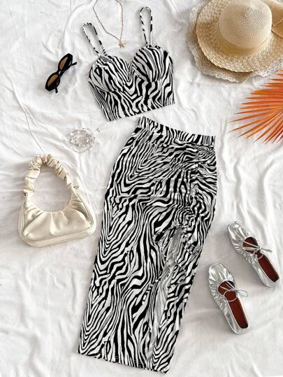 Soleia Beach Outfits For Woman St Patrick Beachwear St Patrick Day Outfit Summer Clothes Women 2pcs Women Holiday Casual Zebra Print Camisole Top And Slit Hem A-Line Skirt Set Two Pieces Outfit Women Vacation Outfits Women