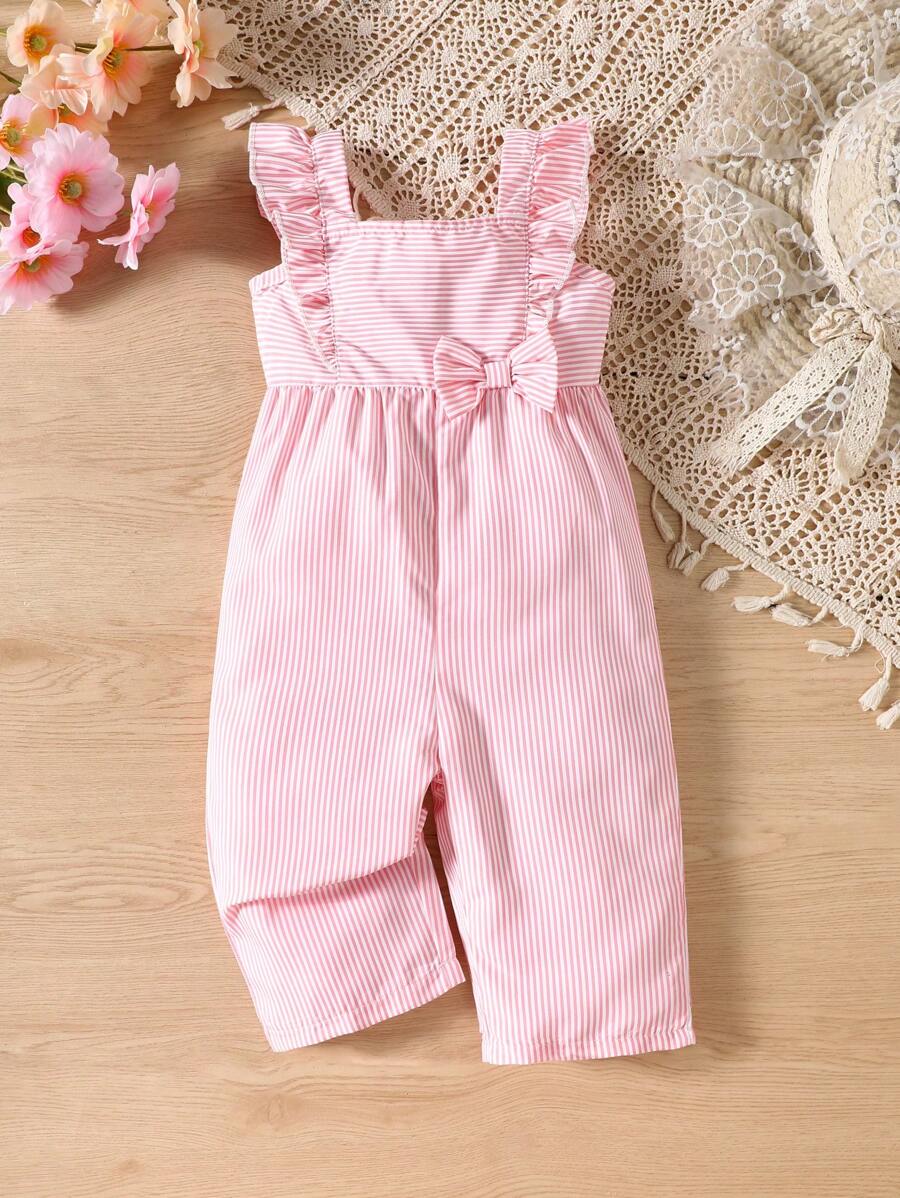 SHEIN Vintaside Kids 女婴/幼儿休闲时尚度假风荷叶边袖条纹编织蝴蝶结前黄色连体裤,春夏新品 - 粉色 - 查看 1