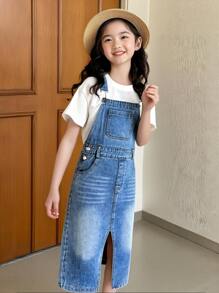 Tween Girl Casual Minimalist All-Match Versatile Y2K Street Fashion Washed Denim Jumper Dress, Comfortable Everyday Wear, Spring/Summer 2025 New Arrival - Medium Wash - View 3