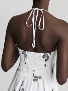 Ontre 2025 New Women Summer Dress, Halter Sleeveless Vacation Style Casual Ruffle Embroidery Fabric Swing Dress, Women Oversized Long Dress, Leisure