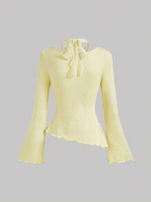 SHEIN MOD 针织蕾丝拼布不对称下摆可折叠高领蕾丝花边系带领收腰女式 T 恤 - 綠色 - 查看 2