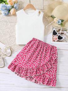 Teen Girl Solid Color Sleeveless Tank Top And Ditsy Floral Mini Skirt 2 Pieces Set