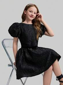 Ontre Conjunto de 2 piezas para niña preadolescente con camisa de mangas con forma de pétalo de tejido jacquard y falda entallada