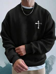 EURMUSE 100%Cotton Men's Casual Loose Fit Drop Shoulder Sweater With Cross Pattern - Black - View 1