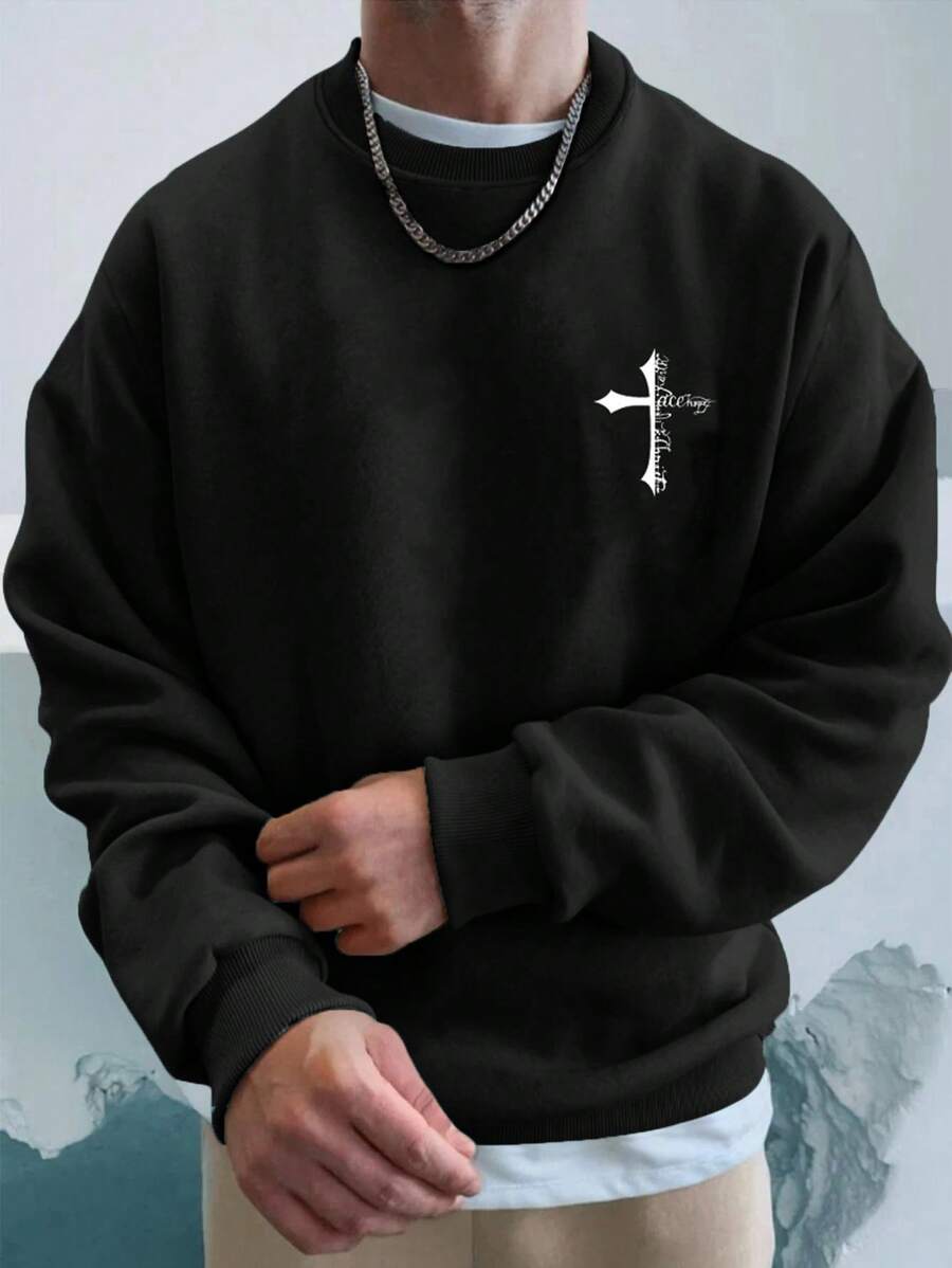 EURMUSE 100%Cotton Men's Casual Loose Fit Drop Shoulder Sweater With Cross Pattern - Black - View 1