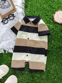 SHEIN Enterizo de punto a rayas de manga corta para bebé recién nacido niño, adecuado para fiesta de cumpleaños, fiesta de noche, evento, boda, celebración de un mes, bautizo y baby shower del primer cumpleaños, verano