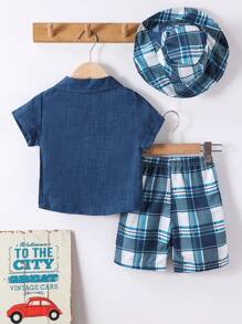 SHEIN 2pcs/Set Young Boy Casual Solid Color Button-Up Short Sleeve Shirt And Plaid All-Over Print Shorts Outfit, Suitable For Summer Casual, Party, Daily Wear, School, Travel, Getaway, Holiday, Relaxation, Sunbathing - Blue - View 2