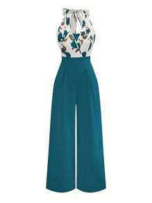 DreamSkyne Plus Size Rose Print Color Blocking Lace-Up Elegant & Romantic Loose Jumpsuit, Valentine's Day - Multicolor - View 9