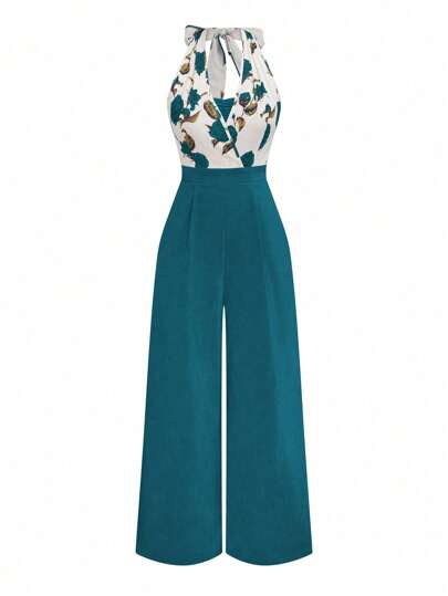 Celure Combinaison ample et élégante de style romantique en grande taille avec imprimé rose et bloc de couleurs, laçage. Idéale pour la Saint-Valentin