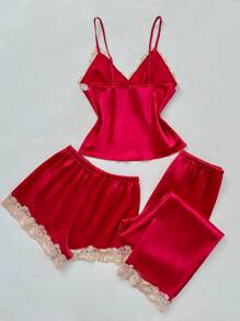 SilkySpell 3pcs Women Sleepwear Set: Contrast Trim Elegant Satin Camisole Shorts And Long Pants