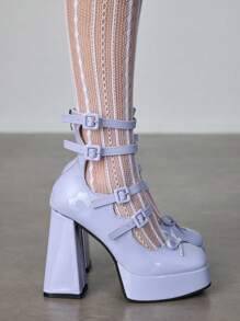 ROMWE Avant 女式网眼褶边拼接圆头高跟鞋朋克黑色 PU 皮革浅口鞋，深色哥特风格，适合休闲和校园穿着 - 紫色 - 查看 4