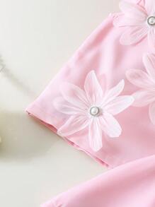 2 Pieces Set Young Girl Pearl 3D Flower Decor Ruffle Top & Solid Color Skirt Outfit, Elegant & Princess Style For Summer - Pink - View 7