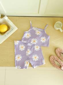 SHEIN 2pcs Baby Girl Floral Print Camisole & Shorts Set - Mauve Purple - View 3