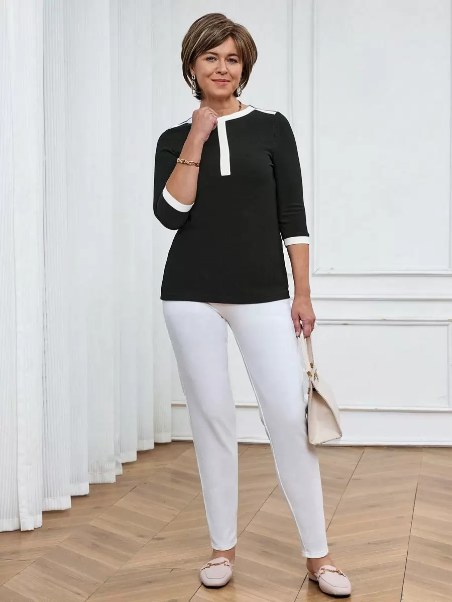 SHEIN LUNE 2 件女式休闲拼色长袖衬衫和白色紧身裤套装