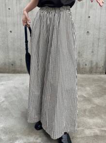FRIFUL Pantalones de pierna ancha de talle alto a rayas para mujer, ropa casual de oficina para el verano