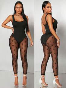 SHEIN SXY Summer;Black Solid Color Stretchy Knit, Mesh & Flocked Panel Slim Fit Camisole Jumpsuit, Suitable For Music Festival, Daily Wear, Party, Nightclub - Black - View 4