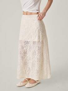 Muvela 女士花卉装饰长款优雅 A 字裙夏季女装 - 杏色 - 查看 3