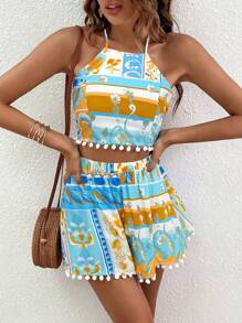 SHEIN VCAY Floral Print Crisscross Tie Backless Halter Top & Shorts Two Pieces Set - Cadet Blue - View 5