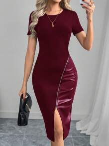 SHEIN Clasi Elegante Vestido Feminino Preto De Manga Curta Patchwork Pu No Inverno Zíper Até A Coxa Dividida Bodycon - Borgonha - Ver 4