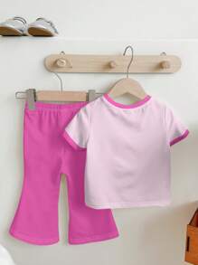 SHEIN Conjunto de 2 piezas - Blusa de manga corta rosa con gráfico de "Chica Bonita" y mariposas impresas, y pantalón campana, un conjunto casual para niñas jóvenes apropiado para el verano - Multicolor - Ver 3