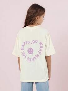SUMWON Oversized Happy Face T-Shirt Graphic Print Back Design Summer Casual Tween Girls Top Circle Text Festival Streetwear Cotton Tee - Apricot - View 1