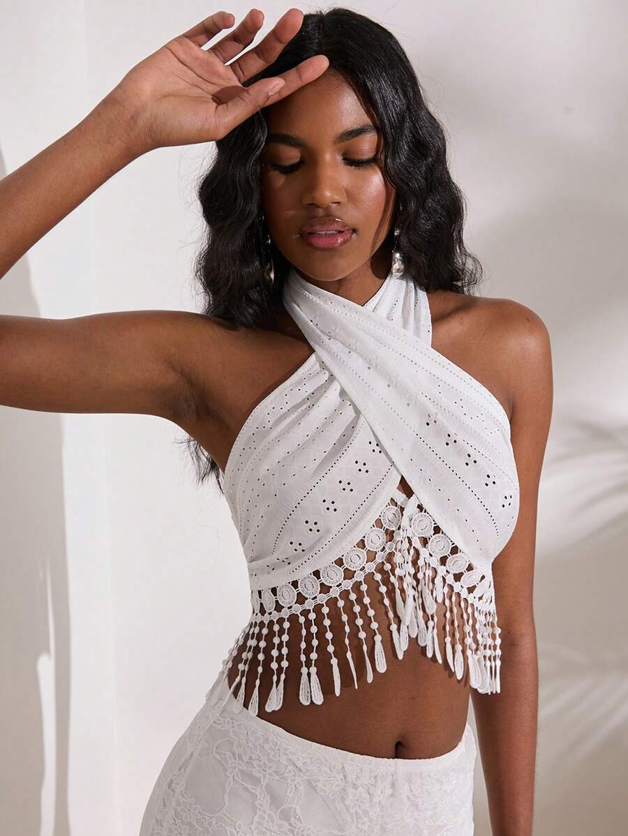 Opulessa Holiday Patchwork Cross Tie Water-Soluble Lace Tassel Hem Crop Tank Top