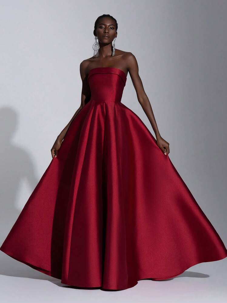 Elitara Elegante e lussuoso vestito rosso con volant sull'orlo, senza spalline, adatto per matrimoni, feste, vacanze, occasioni formali, come vestito da invitato a un matrimonio, abito da sera, abito da cerimonia - Rosso - Visualizzare 4