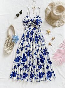 Soleia 女式长款花卉印花吊带裙，前部扭纹和 A 字形廓形，度假风格 - 藍白色 - 查看 7