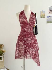 Soleia 酒红色复古花卉线条印花 V 领系带网眼褶皱浪漫假日女士迷你连衣裙