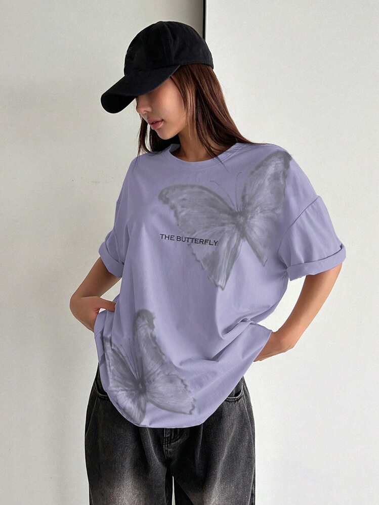 DAZY 蝴蝶印花宽松休闲时尚女式 T 恤 Y2k 图案 T 恤超大 T 恤学院风上衣 - 紫色 - 查看 1