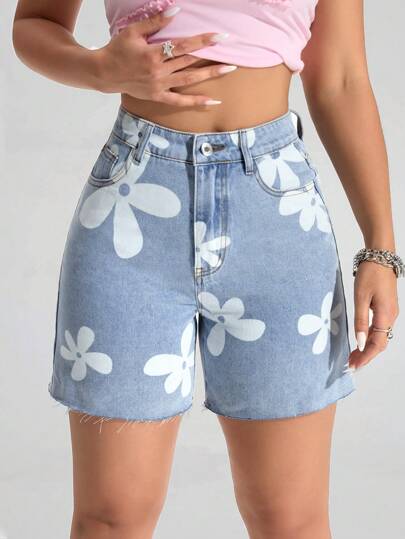 SHEIN PETITE 女式花卉印花休闲百搭牛仔短裤，带口袋