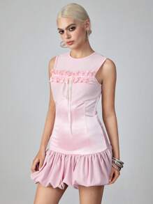 ROMWE Avant Y2K Retro Women Satin Patchwork Ruffle Hem Mini Dress, Athletic Ballet Style - Pink - View 5