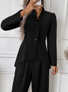 SHEIN Clasi Women's Solid Color Ruffle Hem Long Sleeve Single-Breasted Elegant Blouse Fall Cloth For Women - Black - View 3