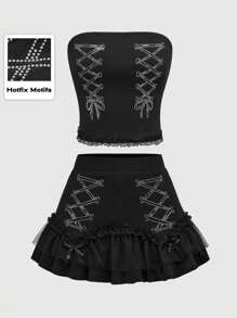 ROMWE Grunge Punk Bộ 2 trang phục lễ hội âm nhạc thời trang Y2K - Áo crop top ren tương phản đính đá & chân váy ngắn cạp trễ dành cho nữ - màu đen - Xem 1