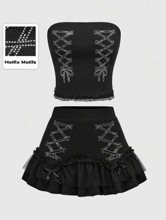 Grunge Punk Set de 2 piezas de outfit de moda Y2K para festivales musicales - Top corto halter con contraste de encaje y strass y minifalda de cintura baja para mujeres
