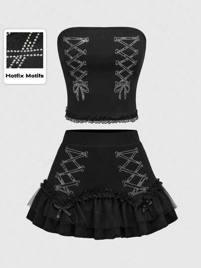 Grunge Punk 2 Stücke Y2K Mode Musik Festival Outfit - Strass Kontrast Spitze Trägertop & Mini Rock Set mit niedriger Taille für Damen
