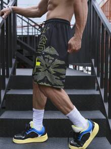 Manfinity Sport Corelite Boyfriend Style Men Camo Print Drawstring Waist Sports Shorts Gym Shorts Jogger Shorts Sweat Pants Black Shorts - Black - View 3