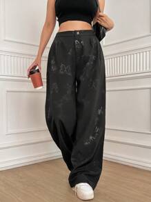 Calvaya Plus Size Butterfly & Floral Embroidery High Waisted Wide Leg Blazer Pants - Black - View 8