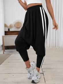 SHEIN LUNE 女士时尚休闲黑白拼布长裤 - 黑色 - 查看 1