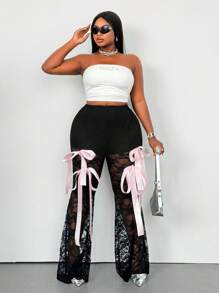 Maweii Plus Size Elegant Sexy See-Through Lace Bowknot Waist Pants Fall Cloth For Women