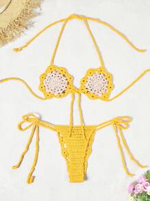 Swim Mod Women's Crochet Strawberry Pattern Halter Top And Tie-Up Triangle Cover-Up Bikini Set, Resort Wear For Summer Beach Vacation - Yellow - View 2