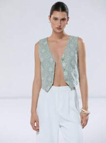 SHEIN Privé 法式浪漫度假镂空刺绣前开背心，女款，夏季 - 彩色 - 查看 1