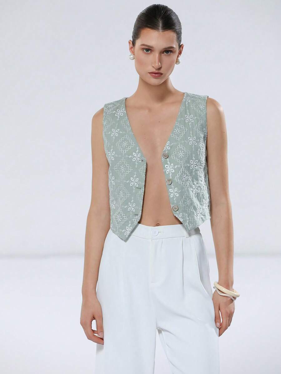 SHEIN Privé 法式浪漫度假镂空刺绣前开背心，女款，夏季 - 彩色 - 查看 1