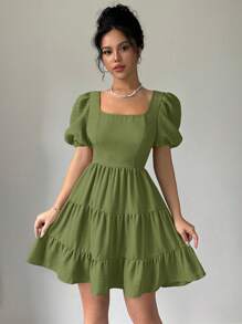 Rafferiza Damen Kleid mit Puffärmeln, rückenfreiem Rüschendetail und Schleife, romantisch elegant für Abschluss, Konzert, olivgrünes Strandkleid im Boho-Stil, Sommerkleid 2025 neu, kurzes Kleid