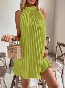 SHEIN Unity 露肩褶皱假日休闲连衣裙度假海滩装女士 - 綠色 - 查看 5