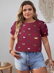 SHEIN VCAY Plus Size Women Butterfly Print Knotted Back Short Puff Sleeve Blouse - Burgundy - View 3