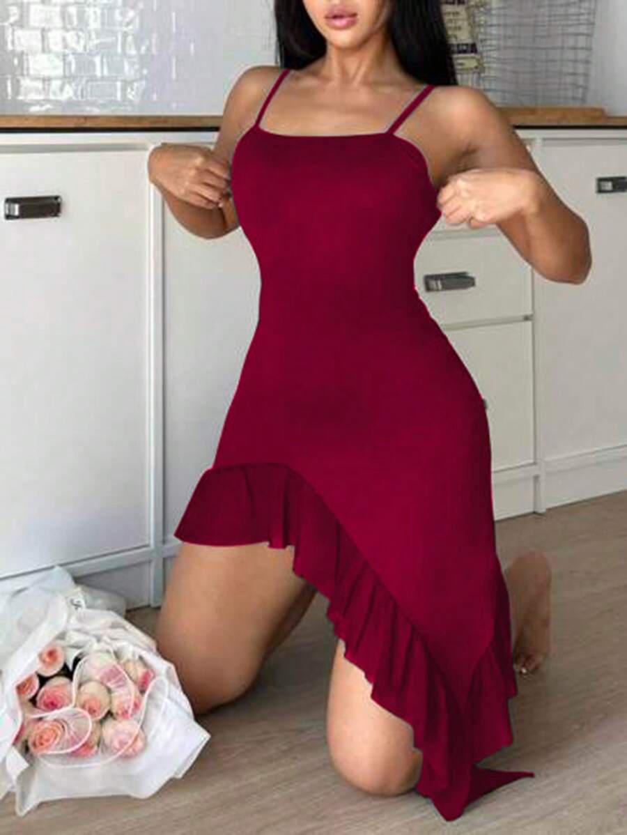 Romantic Elegant Contrast Color Ruffle Asymmetric Hem Sexy Camisole Nightdress - Burgundy - View 1